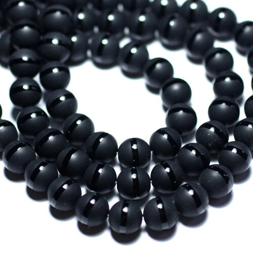 Fil 39cm 38pc env - perles de pierre - onyx noir mat givré ligne boules 10mm