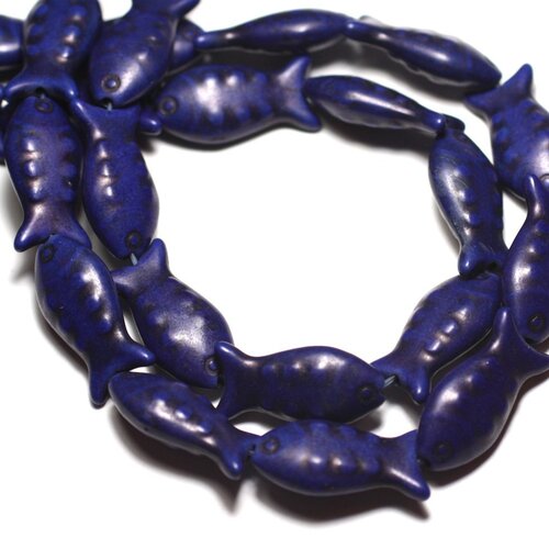 Fil 39cm 16pc env - perles de pierre turquoise synthèse poissons 24mm bleu nuit