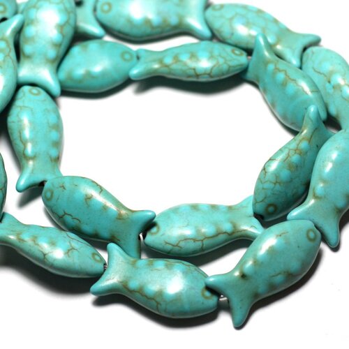 Fil 39cm 16pc env - perles de pierre turquoise synthèse poissons 24mm bleu turquoise
