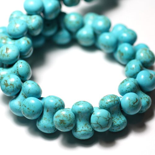 Fil 39cm 67pc env - perles de pierre turquoise synthèse os osselets 14x8mm bleu turquoise