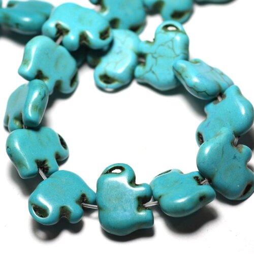 Fil 39cm 27pc env - perles de pierre turquoise synthèse éléphant 19mm bleu turquoise