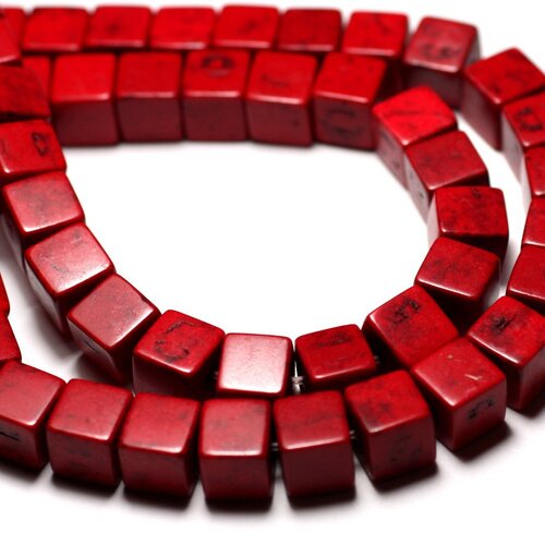 Fil 39cm 49pc env - perles de pierre turquoise synthèse cubes 8mm rouge bordeaux