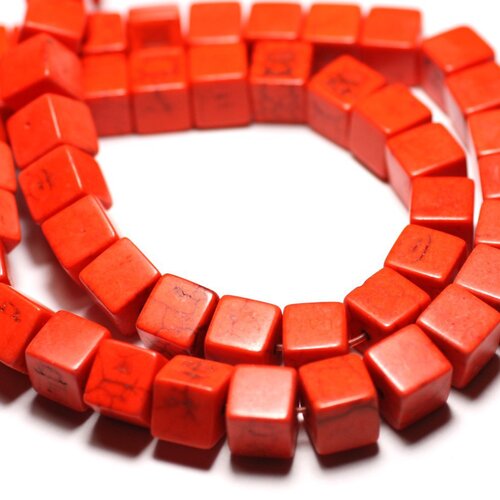 Fil 39cm 49pc env - perles de pierre turquoise synthèse cubes 8mm orange