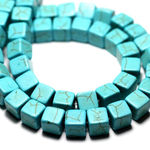 Fil 39cm 49pc env - perles de pierre turquoise synthèse cubes 8mm bleu turquoise