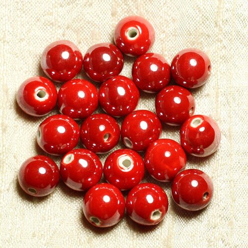 100pc - perles céramique porcelaine rondes 12mm rouge vif irisé