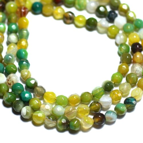 Fil 39cm 90pc env - perles de pierre - agate boules facettées 4mm multicolore blanc jaune vert olive kaki