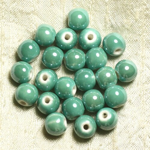 100pc - perles céramique porcelaine rondes irisées 12mm vert clair turquoise