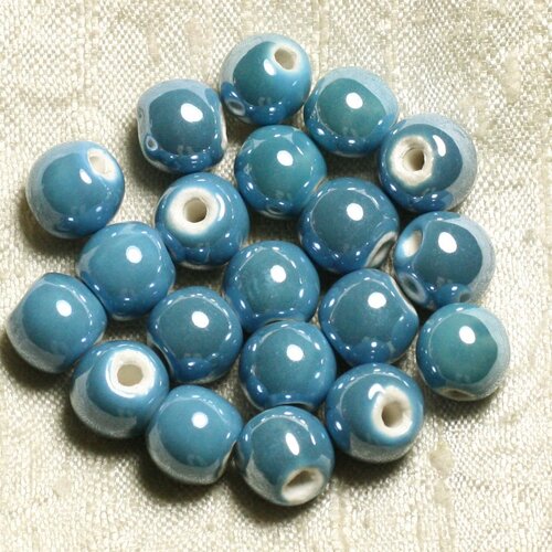 100pc - perles ceramique porcelaine boules 10mm bleu turquoise azur
