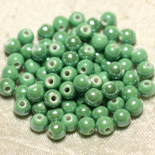 100pc - perles céramique porcelaine boules 6mm vert pomme irisé