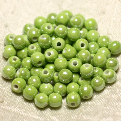 100pc - perles céramique porcelaine boules 6mm vert clair anis irisé
