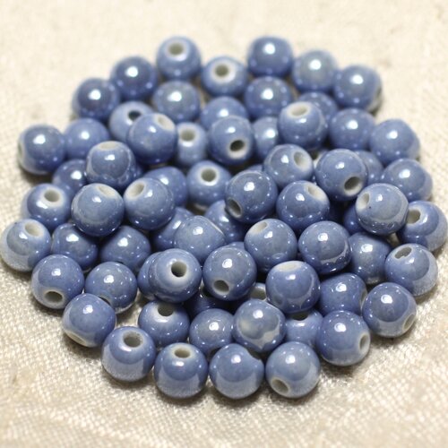 100pc - perles céramique porcelaine boules 6mm bleu lavande pastel irisé