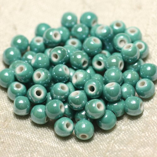 100pc - perles céramique porcelaine boules 6mm vert turquoise irisé
