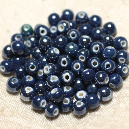 100pc - perles céramique porcelaine boules 6mm bleu marine nuit irisé