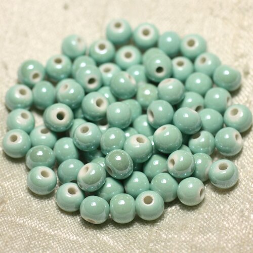 100pc - perles céramique porcelaine boules 6mm vert turquoise pastel irisé