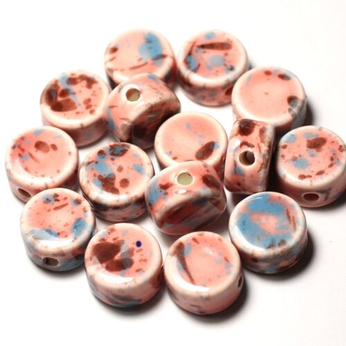100pc - perles céramique porcelaine palets 15mm rose bleu pastel marron
