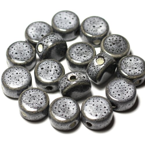 100pc - perles céramique porcelaine palets 15mm gris noir tacheté