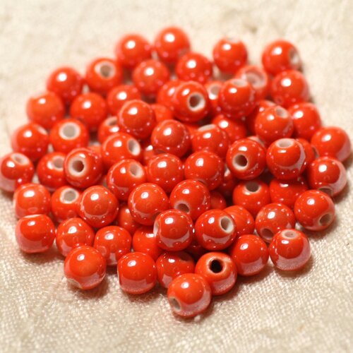 100pc - perles céramique porcelaine boules 6mm orange irisé