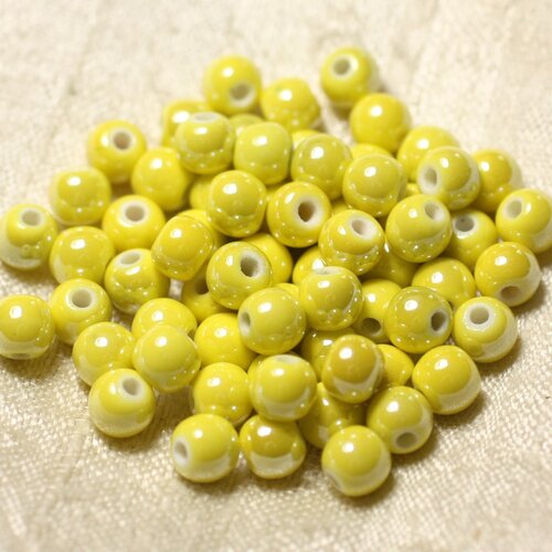 100pc - perles céramique porcelaine boules 6mm jaune irisé