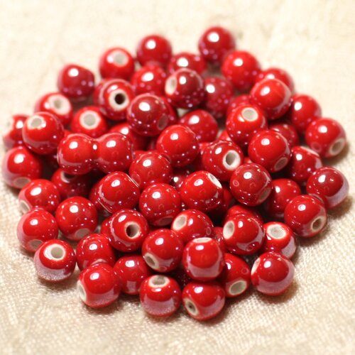100pc - perles céramique porcelaine boules 6mm rouge vif irisé
