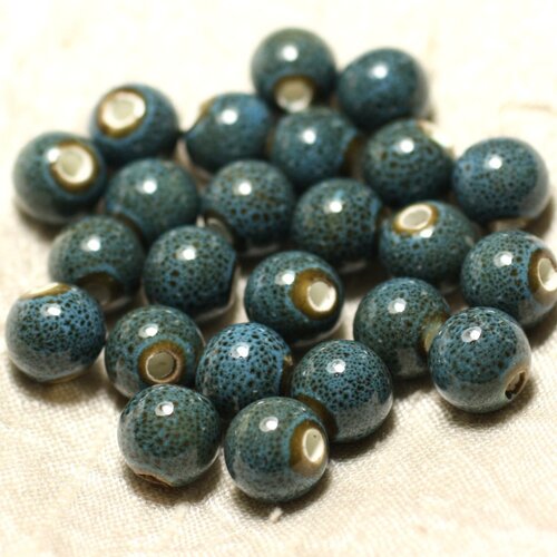 100pc - perles céramique porcelaine boules 10mm bleu turquoise tacheté