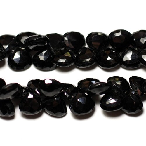 Fil 20cm 50pc env - perles de pierre - spinelle noir gouttes plates facettées 9mm