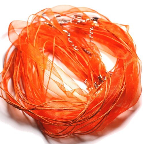 100pc - colliers tours de cou 47cm coton et tissu organza 10mm orange
