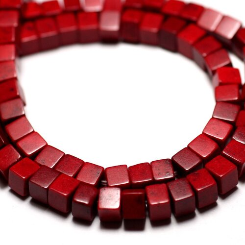 Fil 39cm 85pc env - perles pierre turquoise synthèse reconstituée cubes 4mm rouge