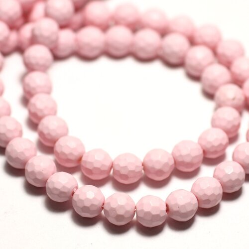 Fil 39cm 65pc env - perles nacre boules facettées 6mm rose clair pastel