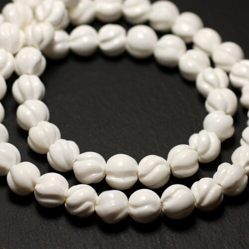 Fil 39cm 50pc env - perles de nacre blanche boules 8mm gravées spirale swirl