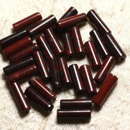 Fil 39cm 29pc env - perles de pierre - jaspe rouge poppy tubes 13x4mm