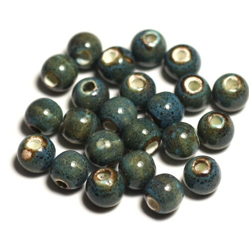 100pc - perles céramique porcelaine boules 6mm bleu turquoise tacheté