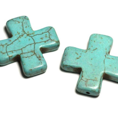 Fil 39cm 12pc env - perles de pierre turquoise synthèse reconstituée croix 30mm bleu turquoise