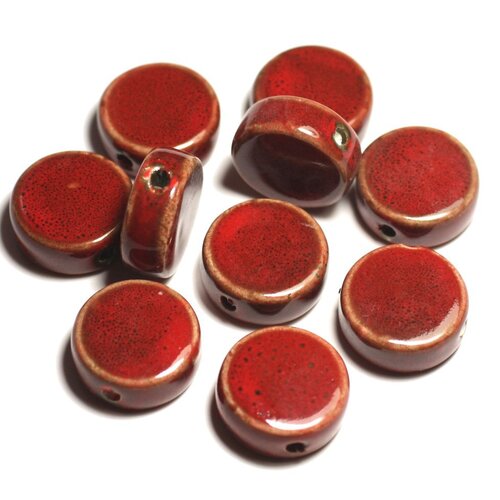 50pc - perles céramique porcelaine palets 20mm rouge bordeaux tacheté