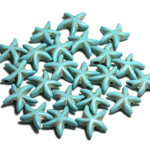 Fil 36cm 35pc env - perles de pierre turquoise synthèse reconstituée étoiles de mer 14mm bleu turquoise