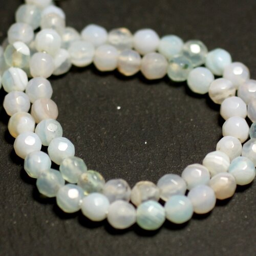 Fil 39cm 90pc env - perles de pierre - agate boules facettées 4mm blanc bleu turquoise gris