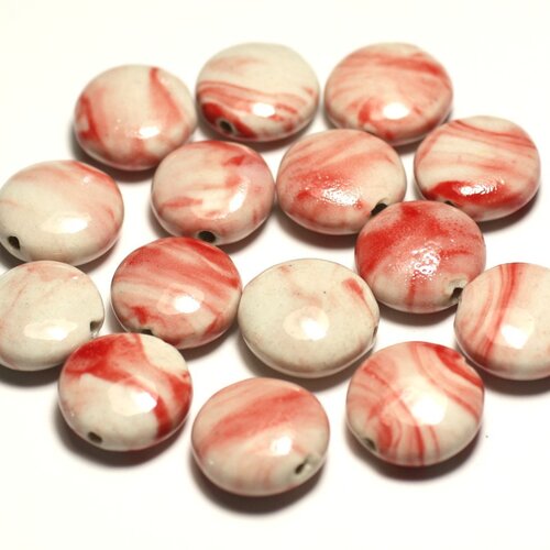 50pc - perles céramique porcelaine palets 16mm blanc rouge rose corail