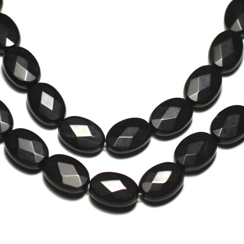 Fil 39cm 32pc env - perles de pierre - onyx noir mat sablé givré ovales facettés 14x10mm