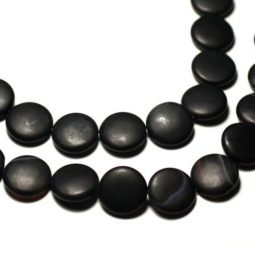 Fil 39cm 25pc env - perles de pierre - onyx noir mat sablé givré palets 16mm