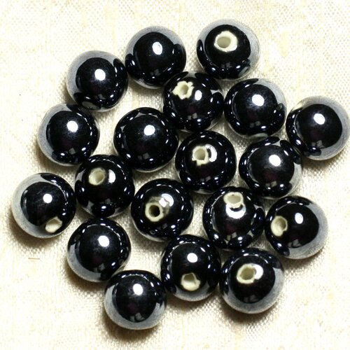 50pc - perles céramique porcelaine boules 14mm noir irisé