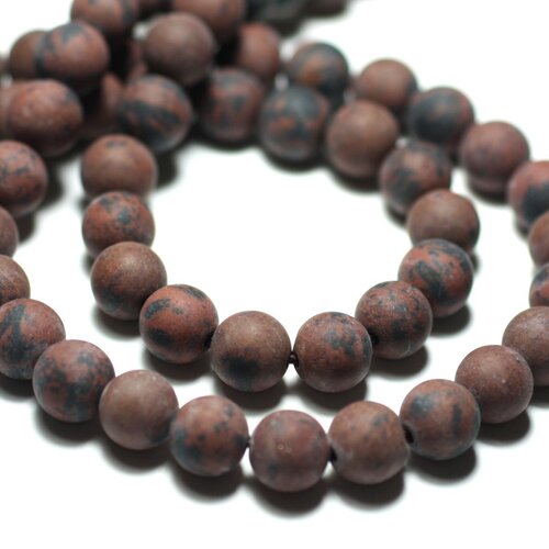 Fil 39cm 45pc env - perles de pierre - obsidienne marron acajou mahogany boules 8mm mat sablé givré