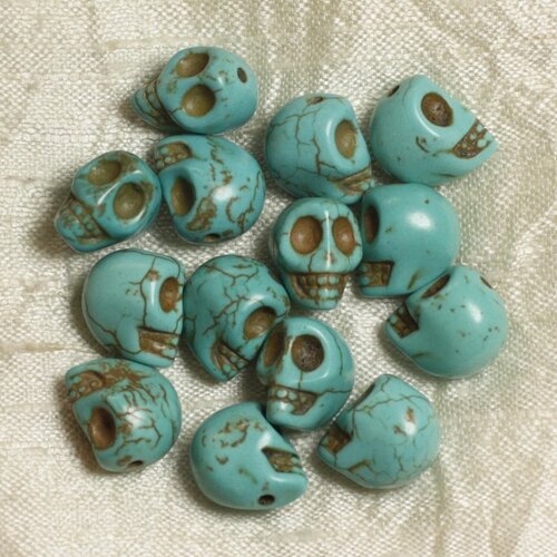 10pc - perles pierre turquoise synthese crane tete de mort 12x10mm bleu turquoise - 4558550036360
