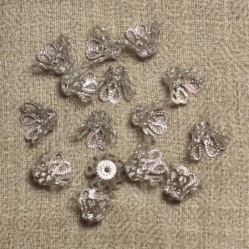 10pc - appret perles coupelles métal argenté rhodium fleurs 10x6mm - 4558550034533