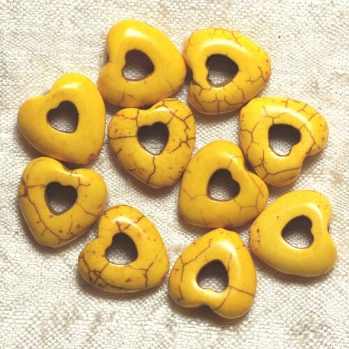 10pc - perles turquoise synthèse - coeurs pourtour 15mm jaune  4558550033901