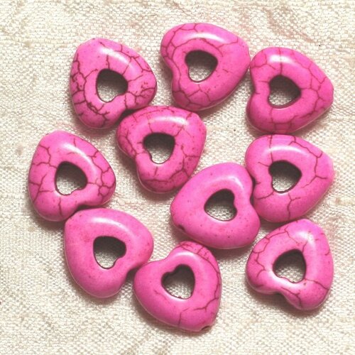 10pc - perles turquoise synthèse - coeurs pourtour 15mm rose fluo  4558550034250