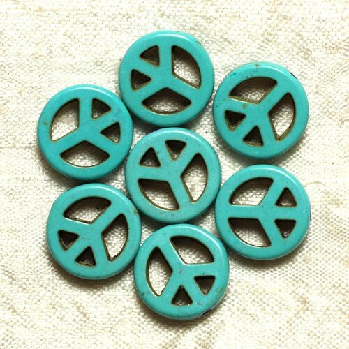 10pc - perles pierre turquoise synthèse rond rondelle cercle peace and love 15mm bleu turquoise - 4558550033215