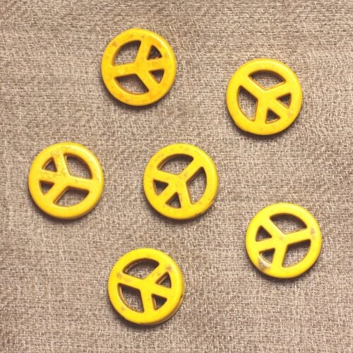 10pc - perles pierre turquoise synthèse rond rondelle cercle peace and love 15mm jaune - 4558550033178