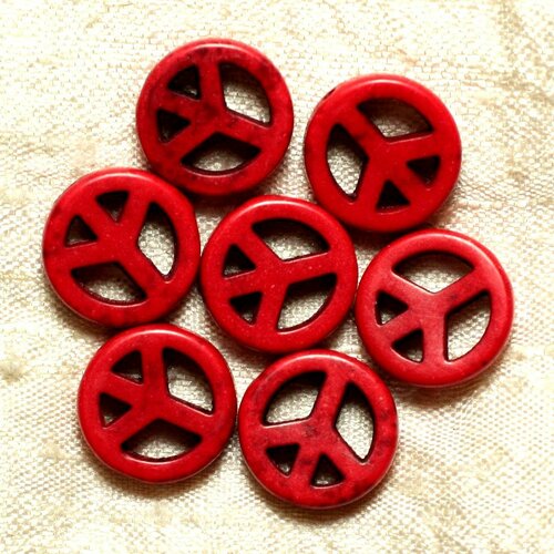 10pc - perles pierre turquoise synthese rond cercle peace love 15mm rouge - 7427039741316