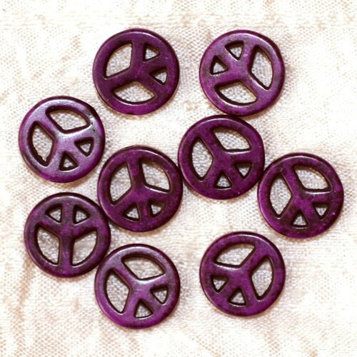 10pc - perles pierre turquoise synthèse rond rondelle cercle peace and love 15mm violet - 4558550032966