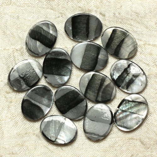 5pc - perles de nacre ovales 20x15mm noires argentées zébrées  4558550032690