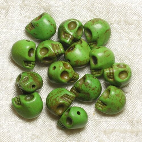 10pc - perles pierre turquoise synthese crane tete de mort 12x10mm vert - 4558550032584